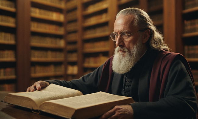 Philosopher sentado en una biblioteca contemplando textos antiguos con pensamientos filosóficos girando alrededor.