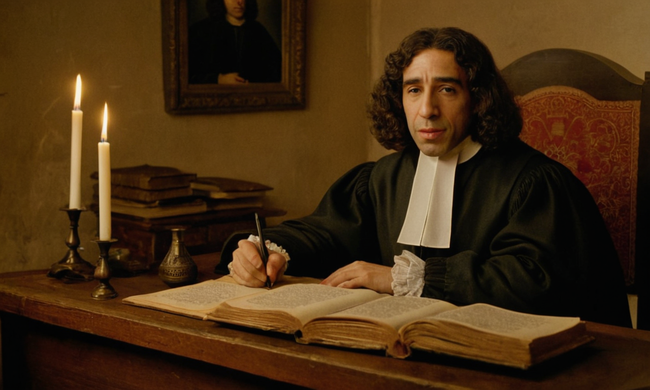Baruch Spinoza sentado en un escritorio con textos antiguos y burbujas de pensamiento que sugieren ideas filosóficas.