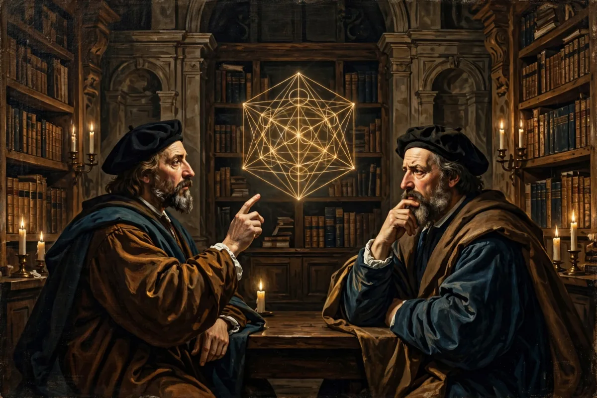 Dos filósofos debaten razón y duda en biblioteca histórica