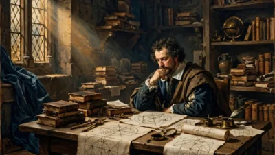 Filósofo racionalista con compás y libros en estudio histórico