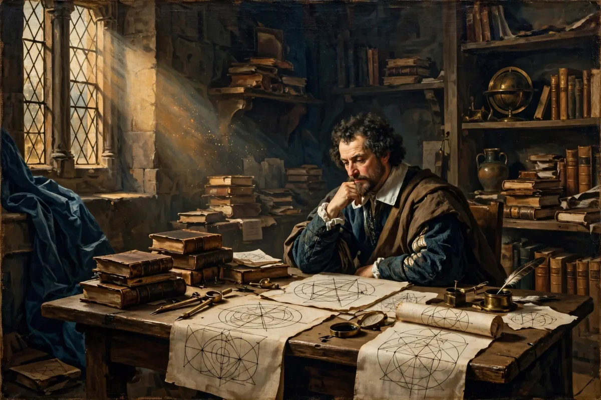 Filósofo racionalista con compás y libros en estudio histórico
