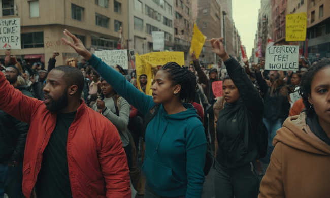 Activistas que protestan en las calles en medio de paisajes urbanos, representando luchas contemporáneas de justicia social.
