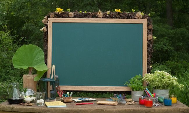 La escritura de tiza temática ecológica rodeada de elementos inspirados por la naturaleza, representando la conciencia social y ambiental.