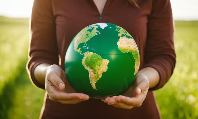 Una persona que sostiene un contenedor de reciclaje junto a una ilustración verde del globo terrestre.
