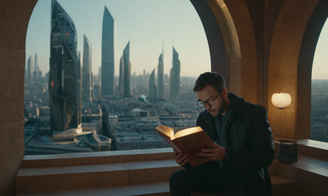 Autor lectura de un libro rodeado de textos filosóficos en un paisaje urbano futurista.
