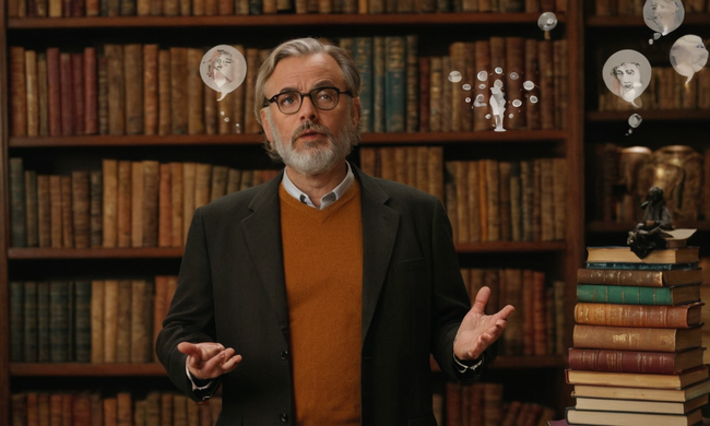 Académico o filósofo de pie delante de un fondo lleno de libros, símbolos y burbujas de pensamiento, criticando conceptos filosóficos.