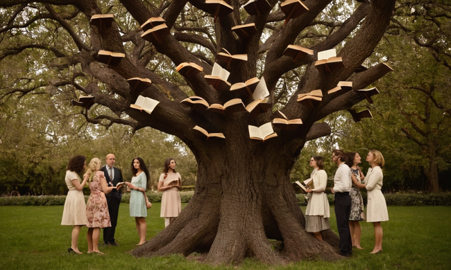 Los teóricos feministas y activistas se reunieron alrededor de un árbol conceptual que representaba el título de los libros.