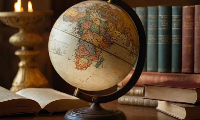 Un globo rodeado de textos filosóficos antiguos fusionándose con conceptos modernos.