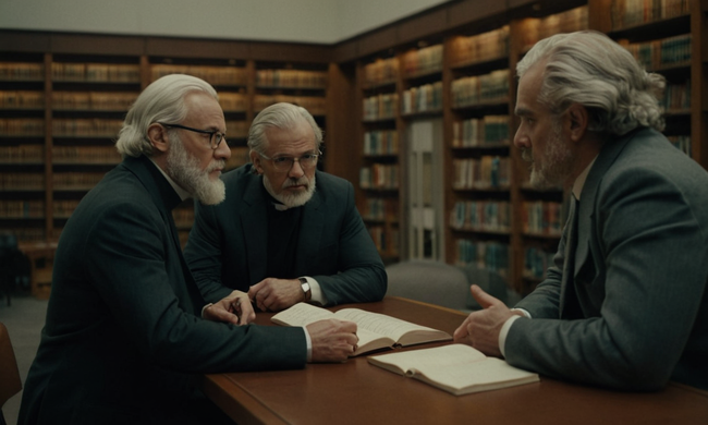 Los filósofos discuten conceptos dentro de un entorno de biblioteca moderno.