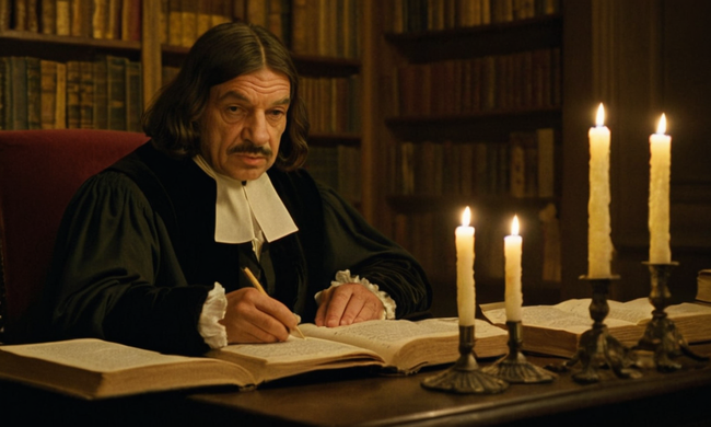 Antiguos filósofos como Descartes sentados en escritorios rodeados de libros y velas, con sutiles indicios de cálculos matemáticos.