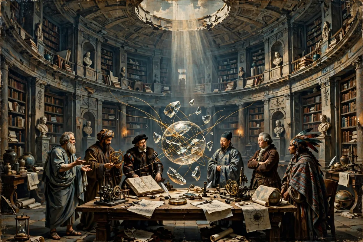 Biblioteca con filósofos alrededor de una verdad fragmentada