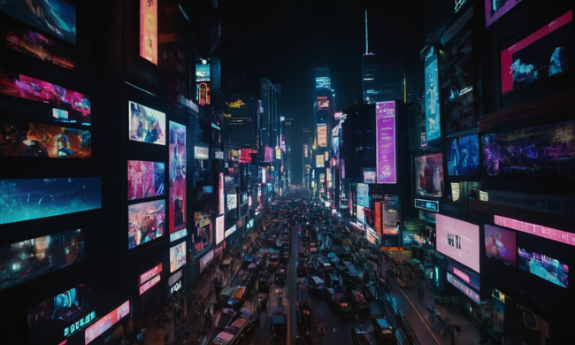 Un paisaje urbano oscuro con luces de neón por la noche, rodeado de pantallas y dispositivos.