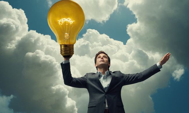 Una persona flotando entre nubes de ideas, cuestionando conceptos progresistas.