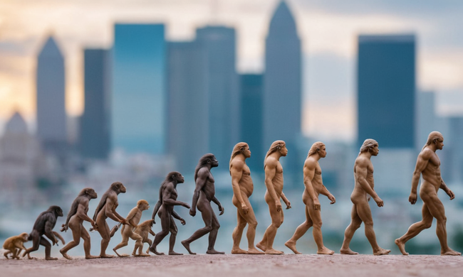 Concepto abstracto de evolución humana contra un paisaje urbano borroso.