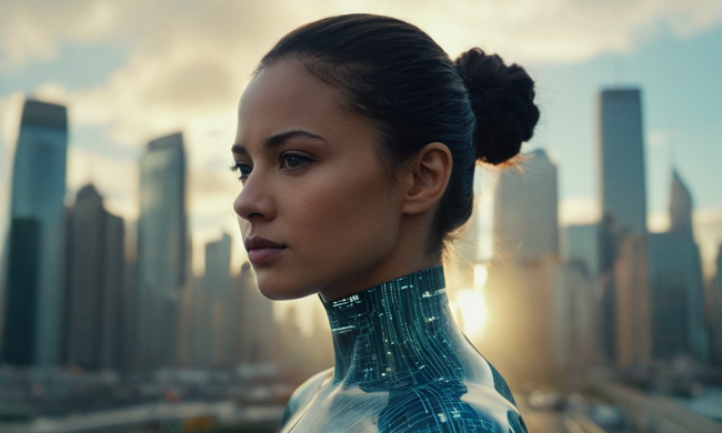 Un avatar digital de personas fusionándose con su cuerpo físico frente a un paisaje urbano que representa el desdibujo de líneas entre identidades humanas y artificiales.