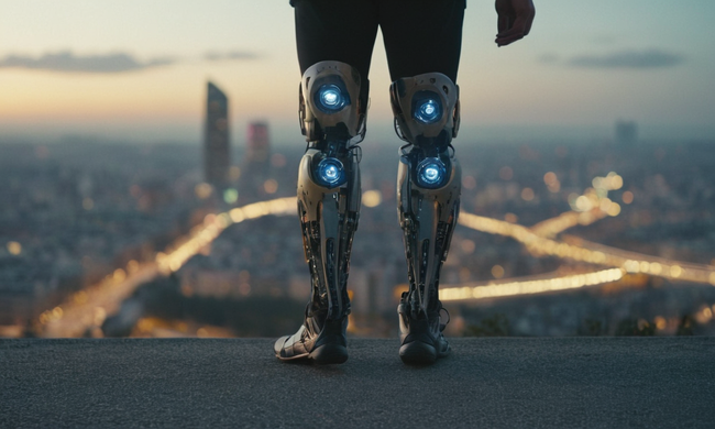 Una persona con extremidades artificiales de pie ante un paisaje urbano borroso, simbolizando la intersección de la ética y la tecnología.