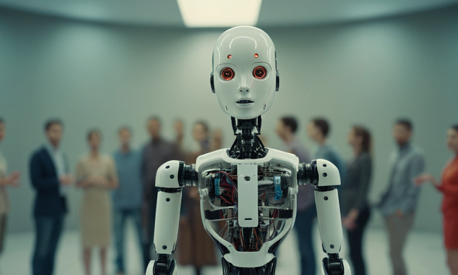 Un robot humano de pie en medio de líneas borrosas entre humanos y tecnología como las marcas de preguntas se mueven en el fondo.