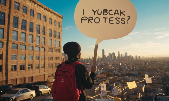 Una persona que sostiene una señal de protesta frente a un paisaje urbano con burbujas de pensamiento rodeadas de símbolos filosóficos.