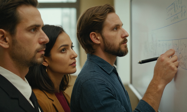 Un grupo diverso de pensadores analizando conceptos filosóficos en una pizarra.