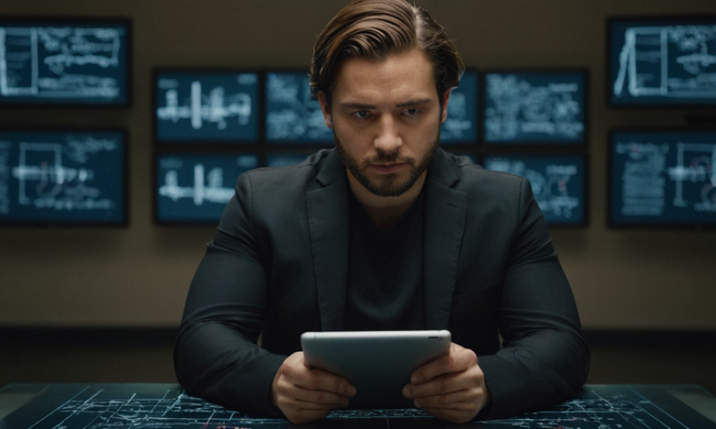 Un pensador que sostiene una tableta con múltiples pantallas y ecuaciones en el fondo, representando la intersección de la tecnología y el pensamiento.