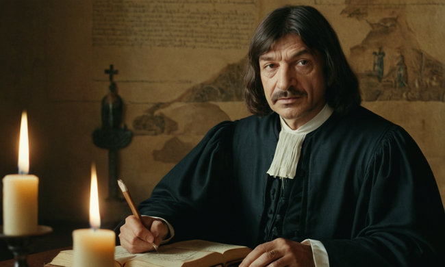 Retrato de René Descartes junto a símbolos filosóficos y textos antiguos.