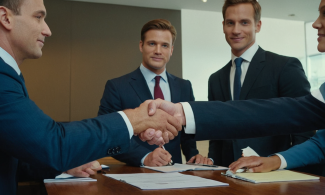 Líderes de negocios temblando de manos con representantes de la comunidad mientras sostienen informes de la empresa.