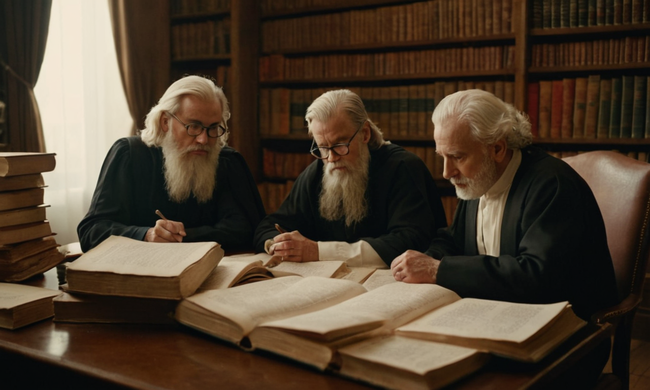 Filosofos rodeados de libros y papeles discutiendo corrientes filosóficas contemporáneas.
