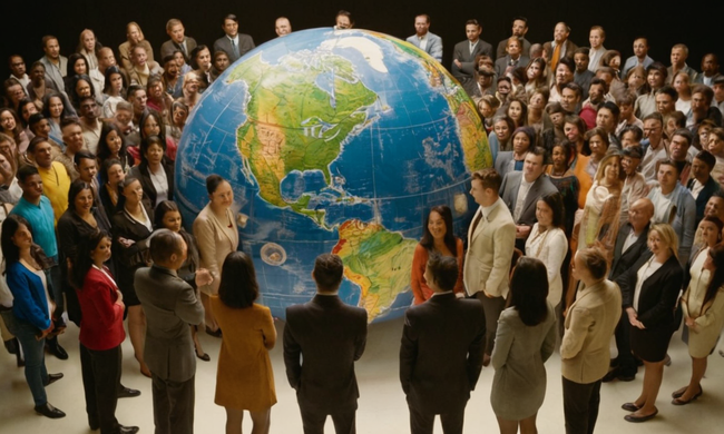 Un globo con gente diversa de diferentes culturas que se unen, simbolizando la comprensión global y el relativismo.