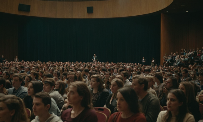 Una discusión que provoca pensamientos sobre el suelo de un auditorio universitario con reacciones de audiencia.