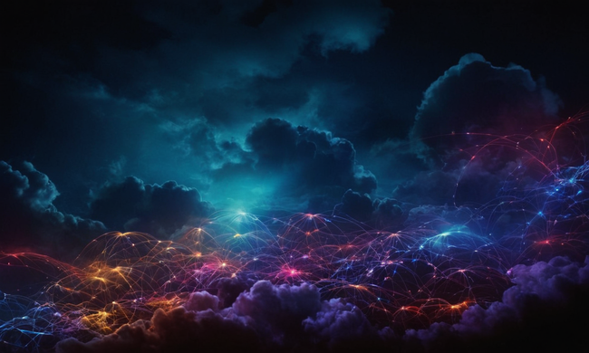 Una mezcla de nubes de pensamiento abstracto y gadgetry tecnológico superpuesto sobre un fondo oscuro.