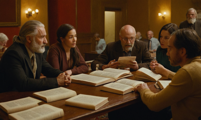 Un grupo diverso de personas que participan en discusiones filosóficas, con libros y papeles sobre una mesa.