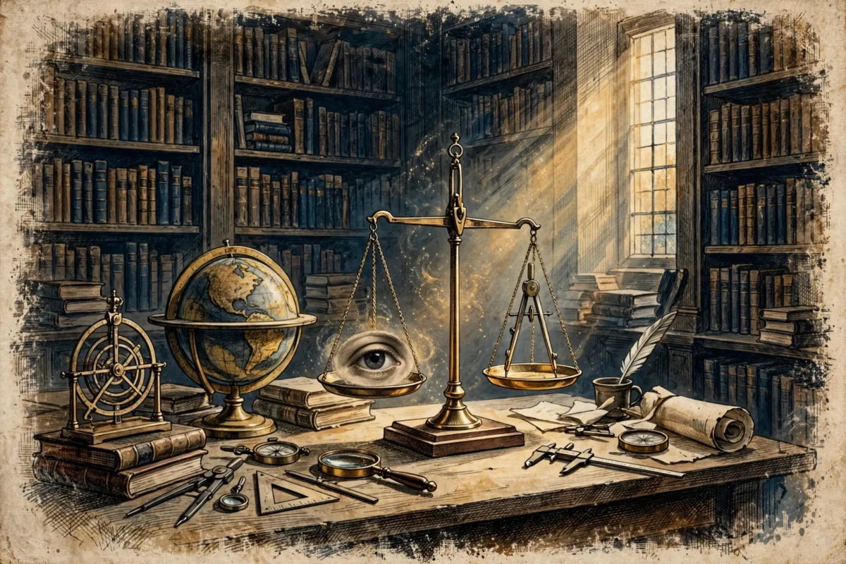 Alegoría de razón y experiencia en biblioteca antigua