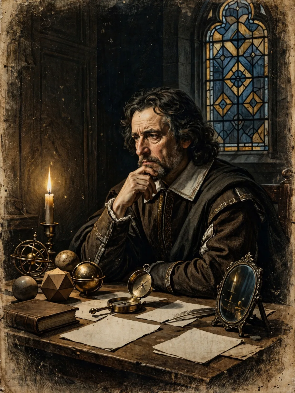 Descartes meditando en su estudio con luz de vela