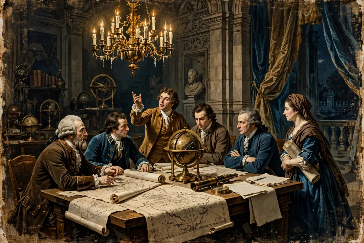Salón ilustrado con filósofos y científicos debatiendo