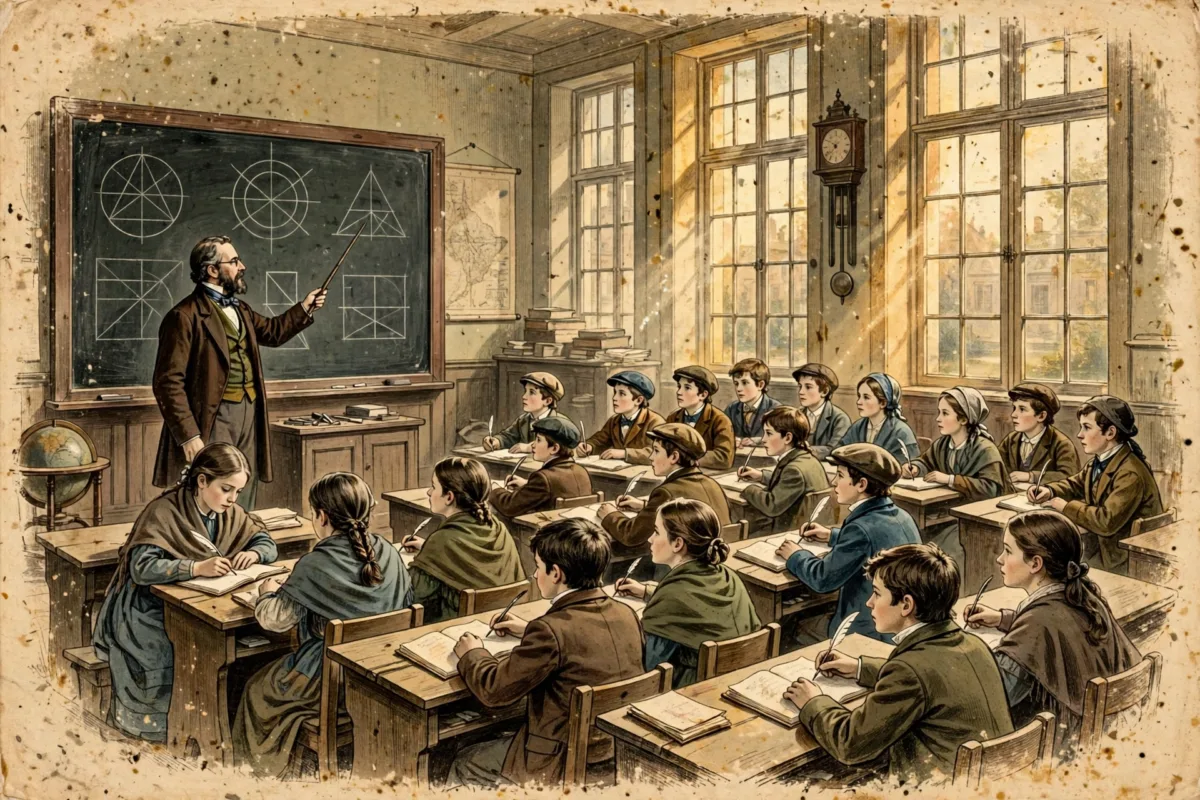 Aula racionalista histórica con maestro y alumnos en fila