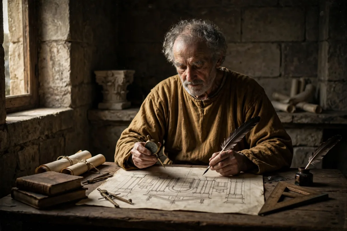 Artista renacentista estudia proporción con compás en su taller