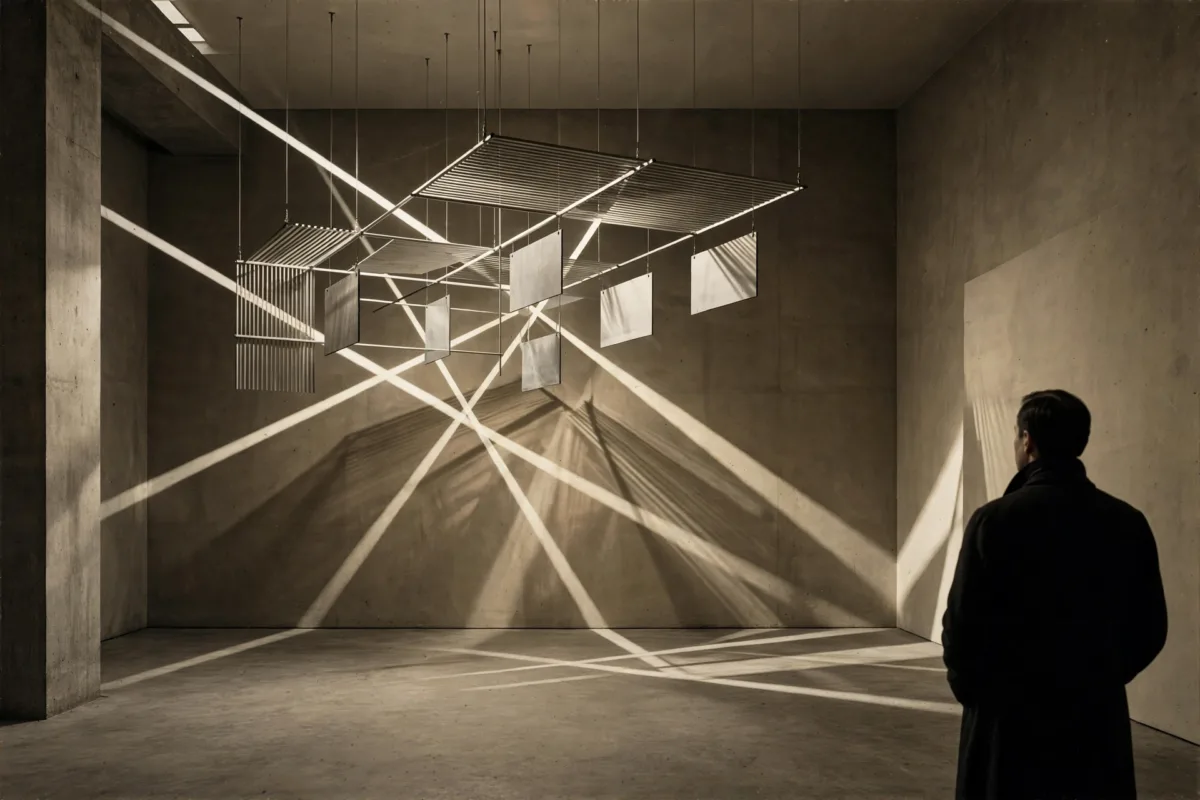 Visitante contempla instalación geométrica de haces de luz en galería