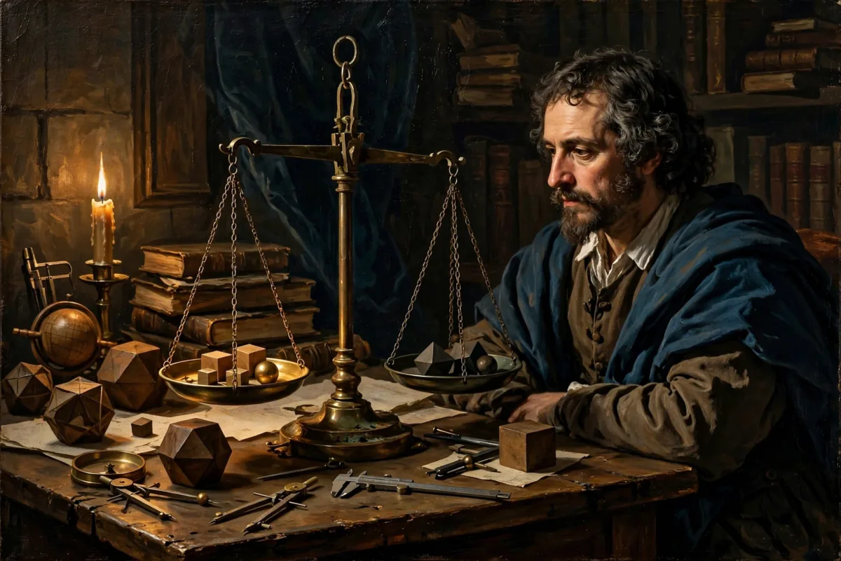 Balanza de bronce y geometría simbolizando la lógica