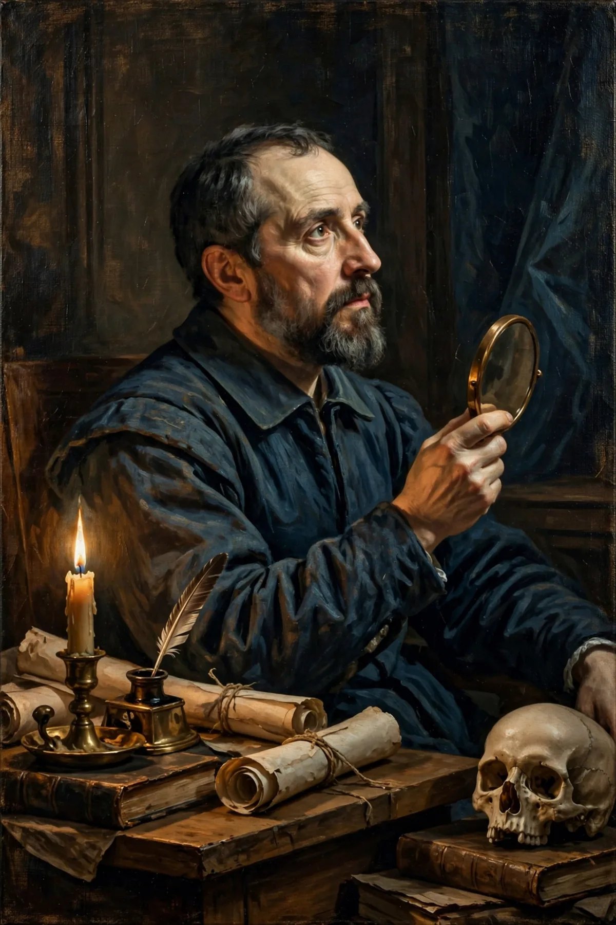 Filósofo racionalista meditando junto a una vela