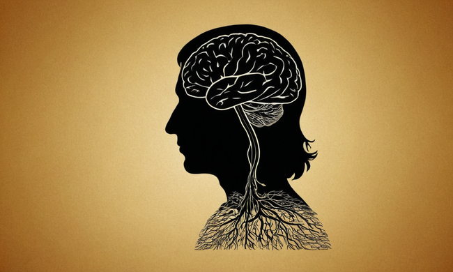 René Descartes silueta en el fondo, con cerebro y cuerpo separados por líneas, enfatizando la dualidad mente-cuerpo.