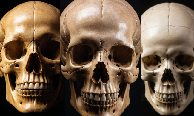 Una imagen dividida con el cráneo de René Descartes en un lado y un cerebro en el otro.