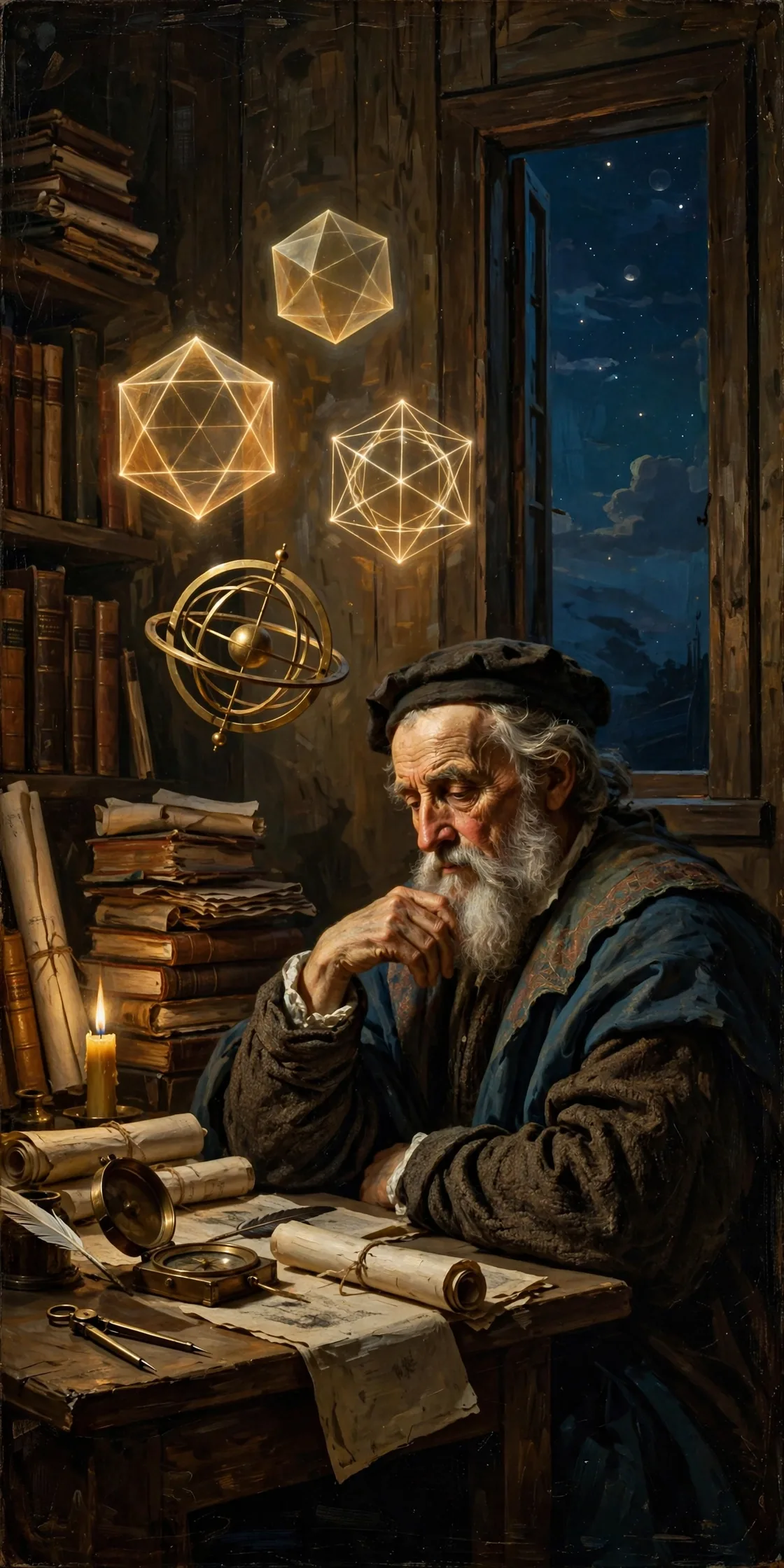 Filósofo racionalista meditando entre geometría y luz de vela