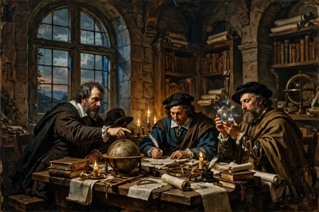 Filósofos del siglo XVII debatiendo en una biblioteca histórica
