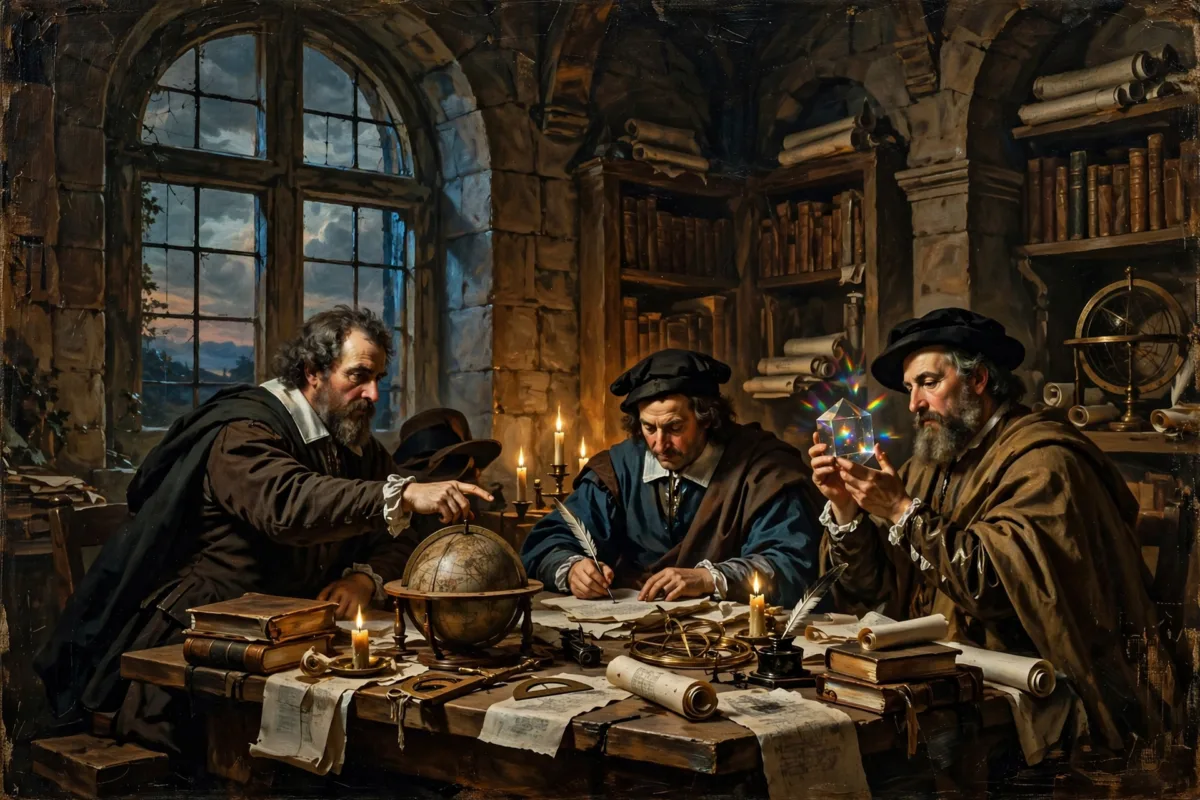 Filósofos del siglo XVII debatiendo en una biblioteca histórica