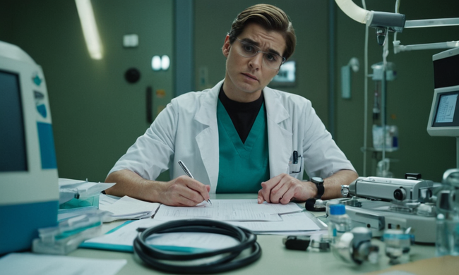 Una persona rodeada de equipo médico y papeles, con una expresión crítica.
