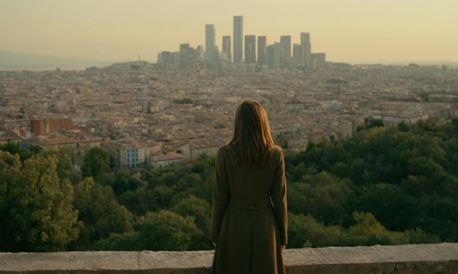 Una mujer sola frente a un paisaje urbano filosófico, representando el tema existencialista. (Nota: Esta es una traducción muy áspera, ya que el título original está en español y parece ser un tema académico!).