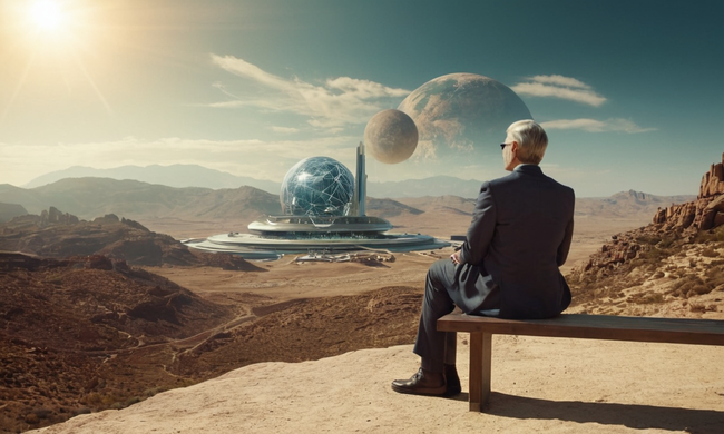 Una figura filosófica contemplando conceptos de ética entre paisajes futuristas e iconos tecnológicos.