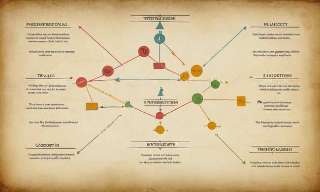 Un diagrama de flujo filosófico con nodos y flechas interconectadas.