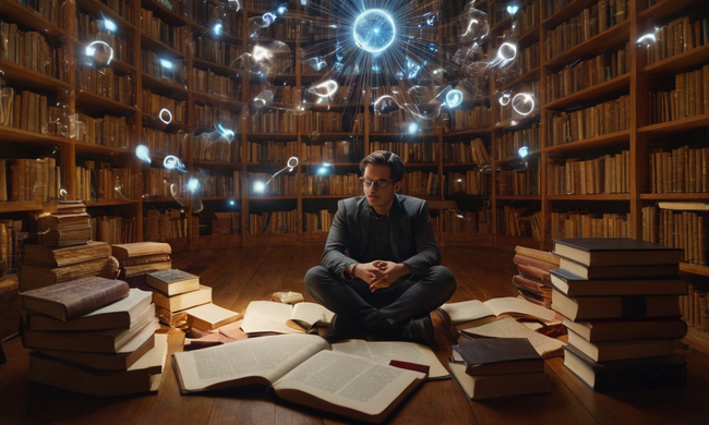Una persona rodeada de libros y burbujas de pensamiento, con rayos de luz y elementos digitales, simbolizando la evolución de los pensamientos filosóficos.
