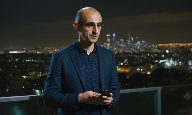 Philosopher Yuval Noah Harari de pie frente a un paisaje urbano con teléfonos inteligentes y portátiles.